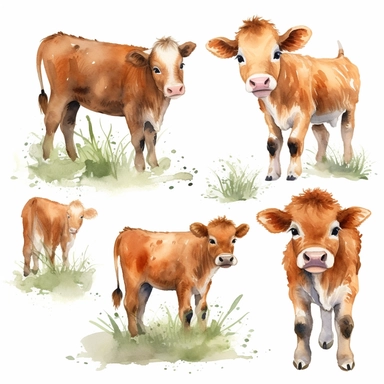 A charming watercolor cow clipart bundle, showcasing an adorable cow calf engrossed in playful activities. Against a clean white background, the watercolor painting depicts the cub's unbridled enjoyment and sense of fun. This cute baby animal clipart bundle infuses designs with a lively and joyful atmosphere, lying on the ground, creating a delightful and engaging visual experience. /artistic_style:Watercolor painting /background:white /subject:playful cow/emotion:enjoyment, fun /atmosphere:play