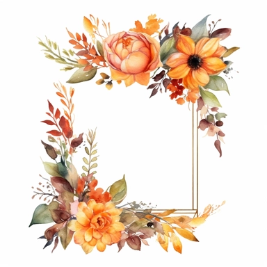 fall floral, watercolor floral clipart, fall floral rectangle frame border, insanely detailed, photorealist, white background