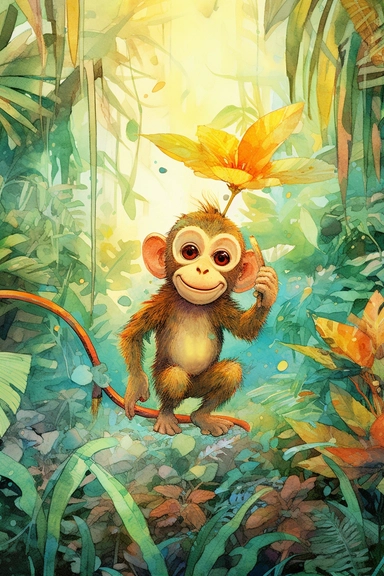 SURREAL cartoon monkey wearing a banana suit, painted in vibrant tropical colors, amidst a jungle scene. Detailed watercolor, clip art, cartoon, 8k