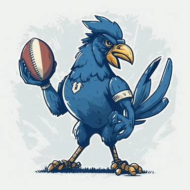 A blue rooster holding an american football ball, standing on a football field, clipart style
