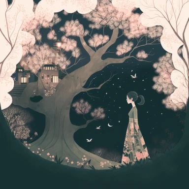 in the style of Ryo Takemasa, xuan loc xuan, Lisa Audit, Anastasia Suvorova, Jon Klassen, greg tocchini, single lady under sakura tree at night, fantasy, limpid, magical, mysterious, white background, vector, clipart, elaborate, ultra-detailed, best quality illustration, vibrant colors, high definition, UHD