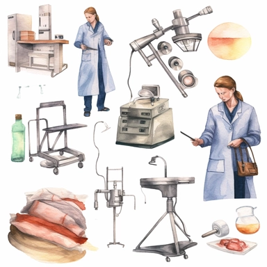 watercolor doctor related scenes , illustrations clipart set, simple, , cartoon elements ,different variants , nurse, doctor, stethtescope, mechanical body weighing scale, microscope, ,separate elements with a margin