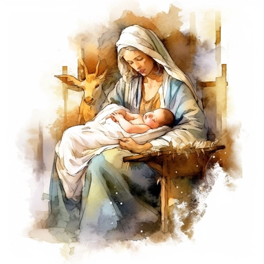 baby jesus in manger with mary watercolour in the style of digital airbrushing, realistic yet stylized, digitally enhanced, elaborate costumes, 32k uhd, clipart, white background