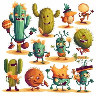 many cactus monsters with sports activities at the clip art