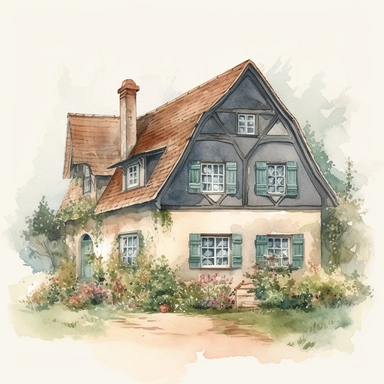 european cottage clipart, vintage cozy vibe, country house, watercolour style