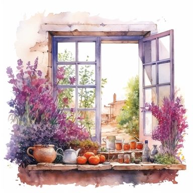 watercolor, hyper realistic, white background, white margins, 16k, ultra detailed clipart, cut out image, hand-drawn a kitchen window overlooking a vibrant garden, with pink and purple flowers in full bloom. in the style of colorful ink wash paintings, charming character illustrations, piles/stacks, creative commons attribution, digital painting, barroco