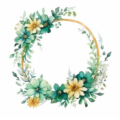watercolor clipart of a empty suttle dainty floral oval frame surrounded by gold color flowers and emerald green flowers. Capture the essence of blooming beauty and intricate details in your artwork, white background