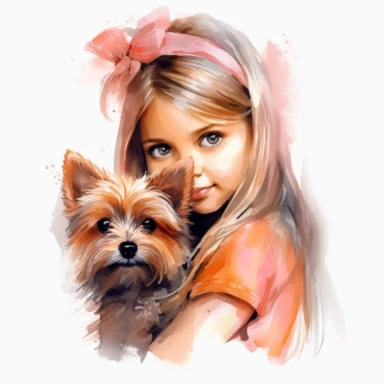 yorkie terrier, baby love spitz york ,girl with a dog, love dog, cute, Watercolor Clipart high quality, white background , cute, love , love animals