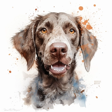 cute Slovakian Rough-haired Pointer dog portrait, full face, centered shot, side shot, dynamically posed, in action, playful mood, happy mood, playing mood, cute face, adorable smile, childlike eyes, clean watercolor illustration, white background, nursery baby imagery, painting, detailed, 8k, PNG, clipart,
