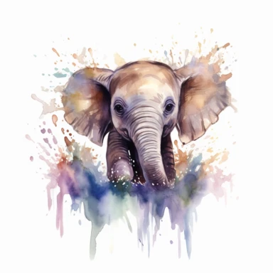 cute elephant calf, splashing joyfully in a river, its reflection shimmering, bold watercolor, clipart, on a white background