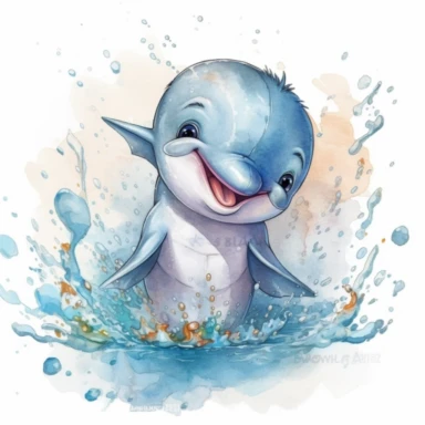 happy cute baby dolphin for kids playing in the swimming, cartoon, highly detailed, watercolor, clipart, illustration, digital painting, paper crafting, no signature, no text