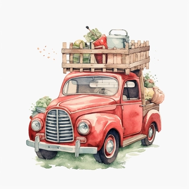 easter basket watercolor clipart & clip art, in the style of light red and dark gray, narrative paneling, classic american cars, uhd image, hand lettering, depiction of rural life, wood
