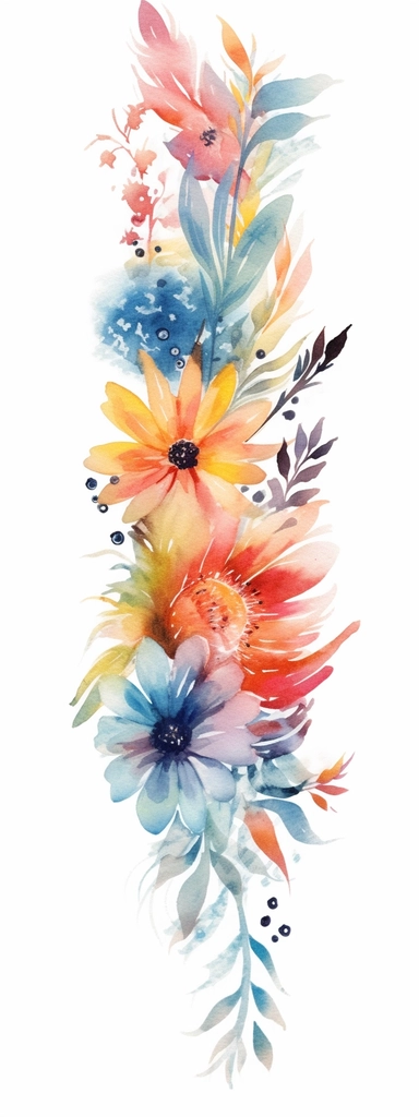 watercolor christmas flower border, clipart isolated on clear white background, bright colors, boho, lithograph, 32k uhd, textural