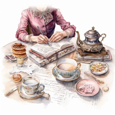 watercolor, hyper realistic, white background, white margins, 16k, ultra detailed clipart, cut out image, hand-drawn, whimsical a Victorian person writing a letter with a quill pen at a table set with a tea set and pastries, with a color scheme of soft pink and cream