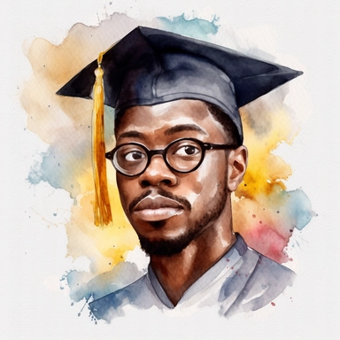 watercolor black male student with facial hair and glasses graduation clipart on a white background