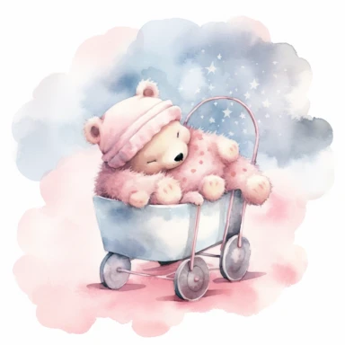 clipart, a whimsical illustration of a contented, loving and angelic baby teddy bear, wearing pajamas and pajamas hat, sleeping on a baby cart, surrendered by pink fluffy clouds, Use a smooth and light watercolor technique to give the artwork a dreamy and ethereal quality