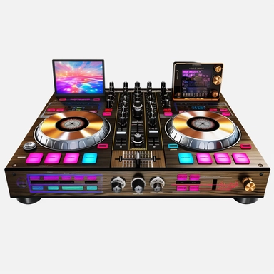 80s theme universal dj two deck controller, bold color, photorealistic, high-resolution photography, transparent background PNG clipart – ar 16:9