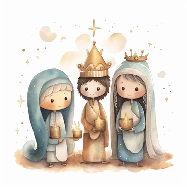 A watercolor painting of a cute nativity with 3 wise men holding gold, frankincense and myrrh, Christmas, cute detailed digital art, inspired by nicoletta ceccoli, by Kubisi art, whimsical and cute, by nicoletta ceccoli, cute detailed artwork, glimmering, adorable and whimsical, whimsical art, Clipart style, png style, svg style, blank white background, a solid white background