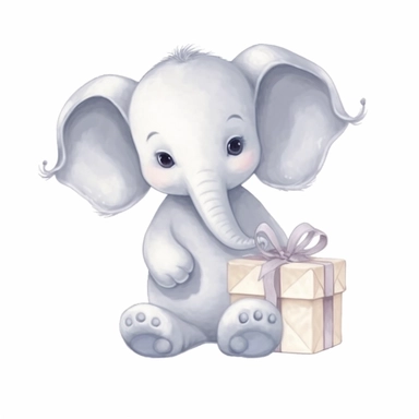 nursery cartoon clip art, cute baby elephant, holding a present, soft pastel colors, clean isolated image, plain white background,