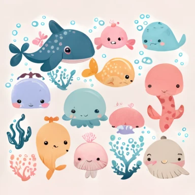 kawaii marine animals clipart on white background, vector, make them cute and cuddly