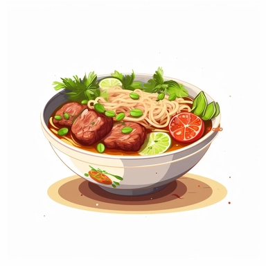 Bún bò Huế: Spicy beef noodle soup from the central region of Vietnam. , simple illustration, cartoon vector style, clipart, white background