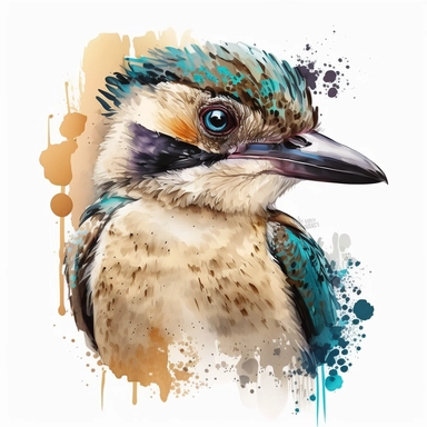 watercolor clipart of a cute Australian kookaburra bird with big eyes, native flowers, no background. Sharp face of animals. Adorable. High quality.