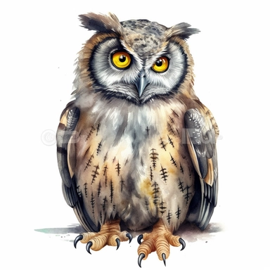 A Cute Happy Owl Sitting.Watercolor hyper-realistic detailed animal illustrations, elegant inking techniques, delicate markings, monochromatic paintings, free brushwork, watercolor illustrations, painted illustrations Clipart, White Background