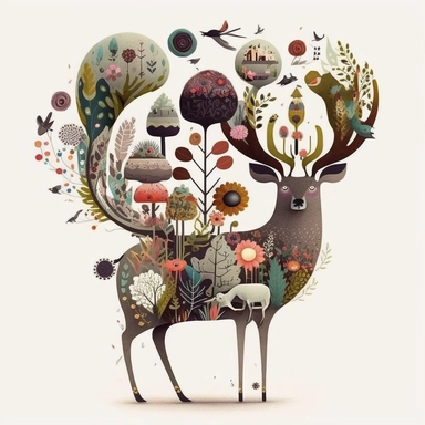 in the style of Ryo Takemasa, xuan loc xuan, Lisa Audit, Anastasia Suvorova, Jon Klassen, greg tocchini, separated isolated single of magical deer with flowers bursting out from it's huge antlers, fantasy, limpid, magical, cute, cozy, white background, vector, clipart, elaborate, ultra-detailed, best quality illustration, well composed, vibrant colors, high definition, UHD