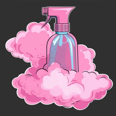 Pink plastic spray bottle close up smoke cloud clipart vector comic book style