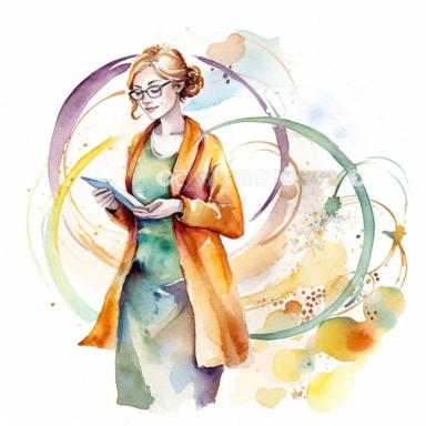 Design a charming watercolour clipart of a cherished literature teacher, with clear outlines and graceful curves that reflect her passion for language and literature, white background