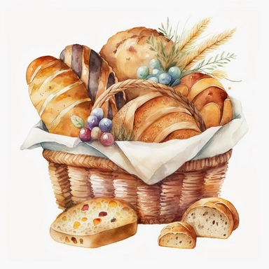 basket of artisan bakery bread, watercolor, cute, white background, clipart