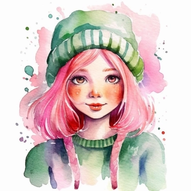 watercolour clipart of a girl with pink hair , green eyes, she is the catalyst for her group shared common dreams, binding the girls together. She is direct, occasionally sharp-tongued, and highly empathetic. With a heart full of compassion, she never hesitates to lend a helping hand to anyone in need. She`s dedication to their craft is unparalleled, make her smiling, exalted mood, white background, 8k, f1