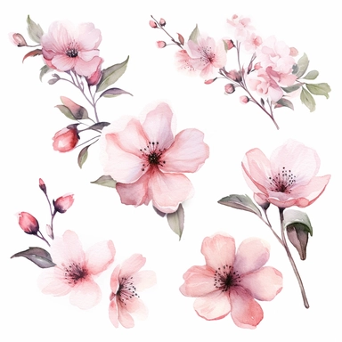 Enchanting watercolor clipart set featuring pink flower blossoms, each captured from a different angle, framed with intricate and flowing lines, creating a composition that exudes elegance, grace, and a sense of timelessness, clipart on a white backdrop.