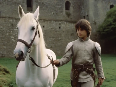 arthur as a young squire is walking next to a white horse, medieval clothing, vhs clip of 1981 movie the grail, in the style of home video, video prompt