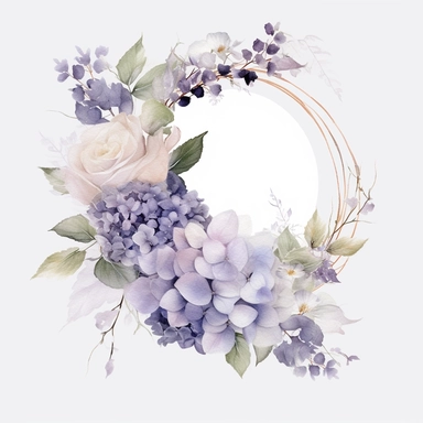 with white background, art Watercolor, Watercolor lavender and White Hydrangeas Crescent floral clipart, hd, high detailed, lavender bold purple, and creamy whites, delicate petals, pastel, muted, soft, subtle, romantic, dreamy, ultra details, high resulution, dynamic lighting, rendering, photo realistic, lightroom gallery, cinematic lighting