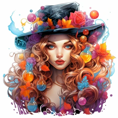 Sharp Illustration of a fantasy sweet candy witch clipart aginst white background in watercolor style, majestic scene, beautiful witch, sweets, vibrant colors, bubble gum, colorful candies, illustration style, vibrant colors, unreal engine 5, detailed illustration, high resolution, high quality, solid white background