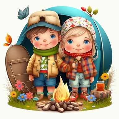 A very 2 super cute little cute boy and girl is camping, happy, happinsess, smiling, exquisite eye details, falling flowers, bonfire, tents, chairs, bbq, egg roll tables, colorful colors, front view, wearing bright and bright clothes, straw hat, carrying a rucksack, full of sunlight, super detailed, masterpiece, exquisite, 3d render, oc render, best quality, 8k, clay texture, pixar style, animated light, pop mart, depth of field, amoled, 264k render HD, candy crush style, white background, morni
