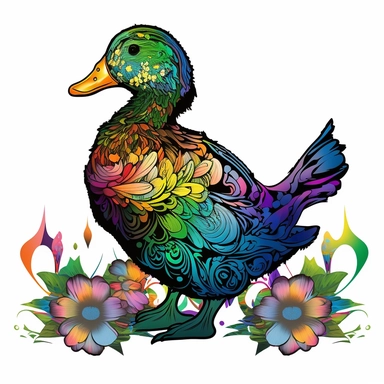 psychedelic cute real flower duck art nouveau, bright colours, clipart, centred, white background