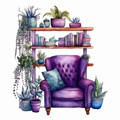 A boho style library corner with watercolor effect, boho furniture, details, boho colors, suitable for digital clipart, white background, boho style purple tones plants, on the white background, hd