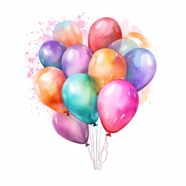 Design a watercolor clip art image of a group of colorful balloons floating in the air, ready for a birthday celebration.