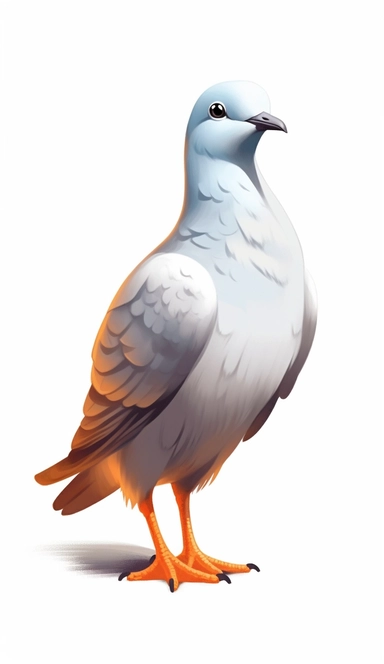 A dove bird, Cute Beautiful 3d, Is Standing Full body Vector Sublimation Clipart, Cartoon, dominant white, grey, orange, hyper realistic, intricate detail, illustration style, high solution, on the white background