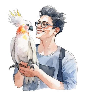 Adorable pet Cockatoo having happy moment with it's human owner, water color style, clipart, white background