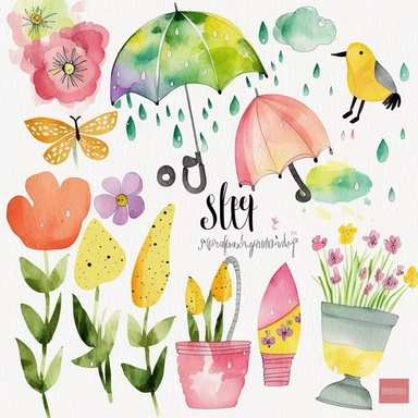 Please create a series of watercolor clipart illustrations featuring different items related to spring. Each illustration should be drawn in a charming and playful style that captures the beauty and vibrancy of the season. Items to include can be flowers, butterflies, birds, bees, rain boots, and umbrellas. Please use a coherent color palette that is bright and cheerful, but also soothing and calming. Colors that are associated with spring, such as greens, blues, pinks, and yellows, should be us