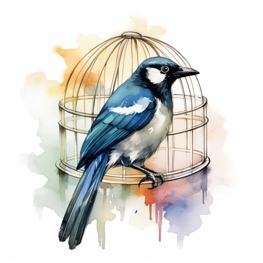 An endearing watercolor Eurasian magpie bird clipart of Eurasian magpie bird in cage 300DPI