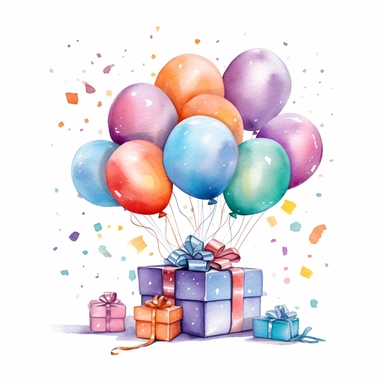Birthday illustration clip art, holiday graphics collection, party background, watercolor colorful balloons and confetti illustration, carnival greeting graphics, gift box isolated, candies watercolor