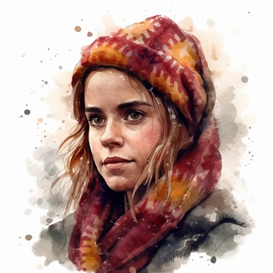 Emma Watson as Hermiona Granger from Harry Potter movie as a girl, wearing Gryffindor scarf, detailed, watercolor, clipart, white background