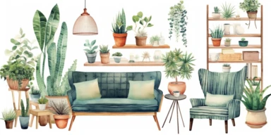watercolor illustration. Mood board with modern furniture, houseplants and decor elements. Interior home clip art collection isolated on white background