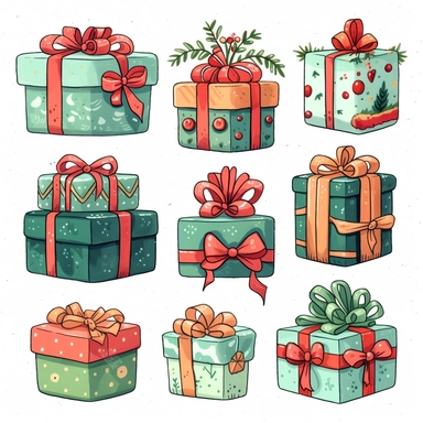 Christmas presents clipart set, whimsical and cute hand drawn illustration, playful expression, rounded shapes, isolated image white background