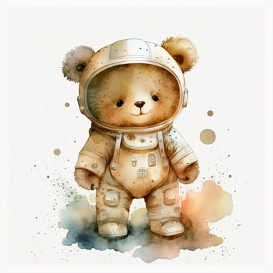 a cute beige teddy bear wearing astronaut suit, watercolor clipart with no background