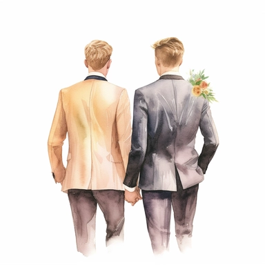 watercolour gay wedding couple from behind, clipart on white background, highly detailed, professional color gradation, clean sharpness